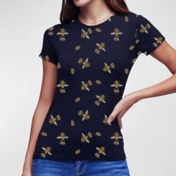 L'AGENCE Dark Blue Top with Gold Bee Pattern - Picture 1 of 1